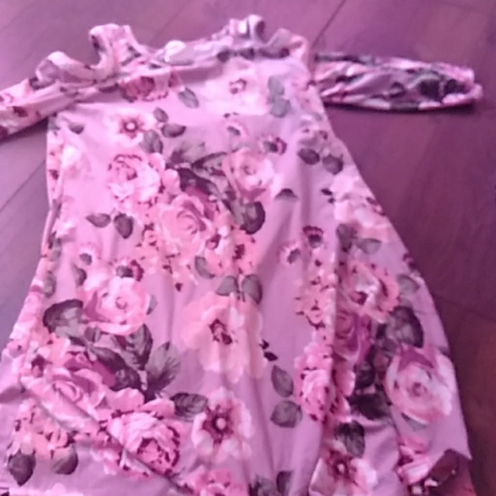 Pink and green dress with cold shoulder